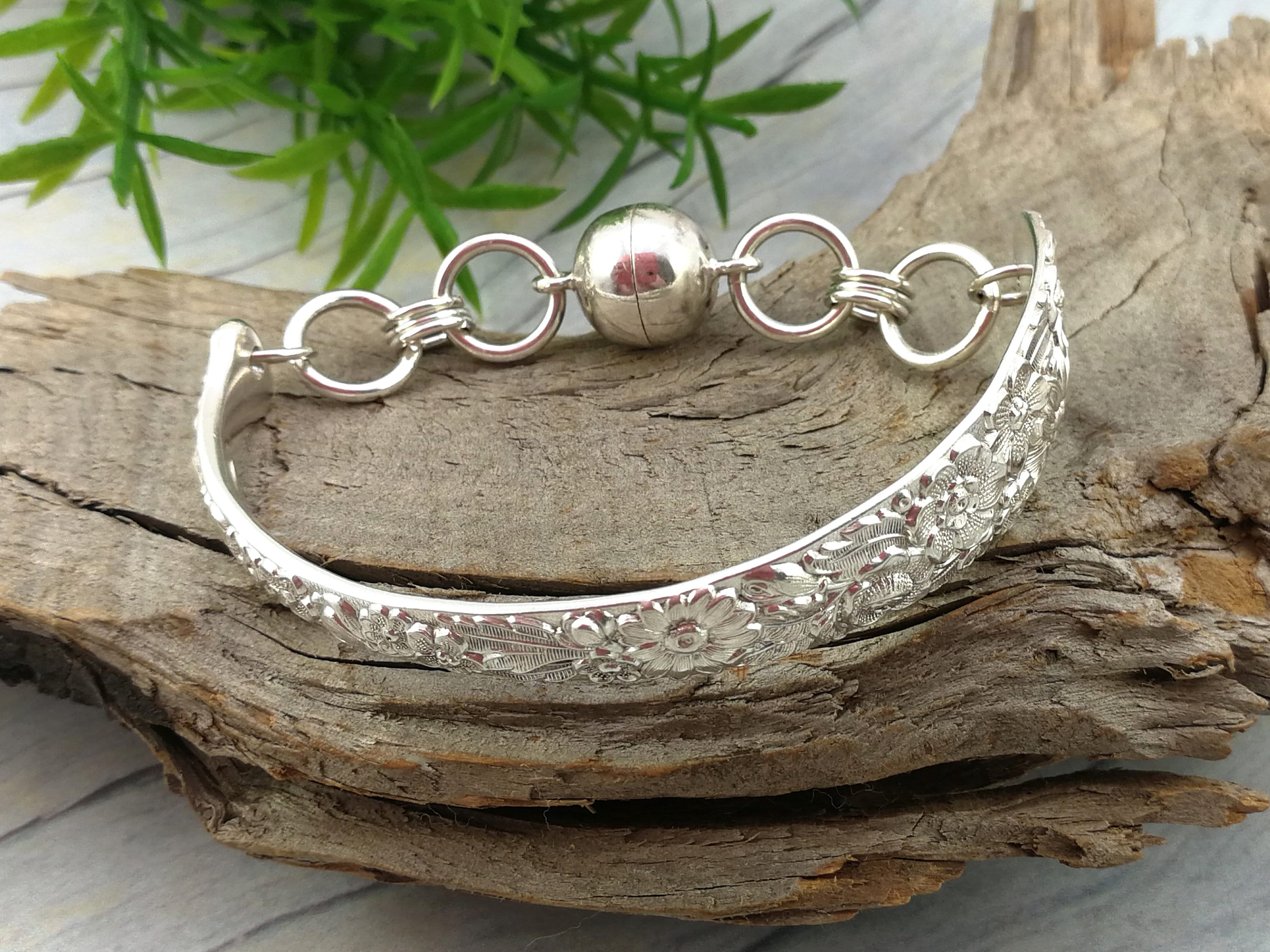 Sterling Silver SPOON BRACELET. Floral Solid Silver Bangle. Etsy