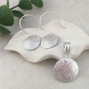 Upcycled Sterling Silver Disc Earrings & Circular Pendant Set with Flower / Scroll Design.