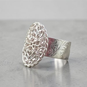Upcycled Sterling Silverware Ring with Wide Textured Band and Ornate Filigree Disc. Silverware Jewelry.
