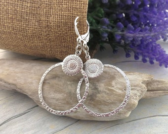 Daisy Hoop Earrings. Large Sterling Silver Flower Hoop Earrings,  Upcycled from Vintage Coins.