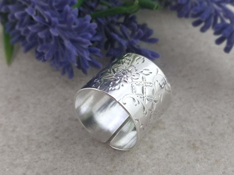 ART NOUVEAU Wide Band Tube ring Open Cigar band ring Upcycled Edwardian Silverware jewelry Sterling silver Cuff ring Size 9 14.