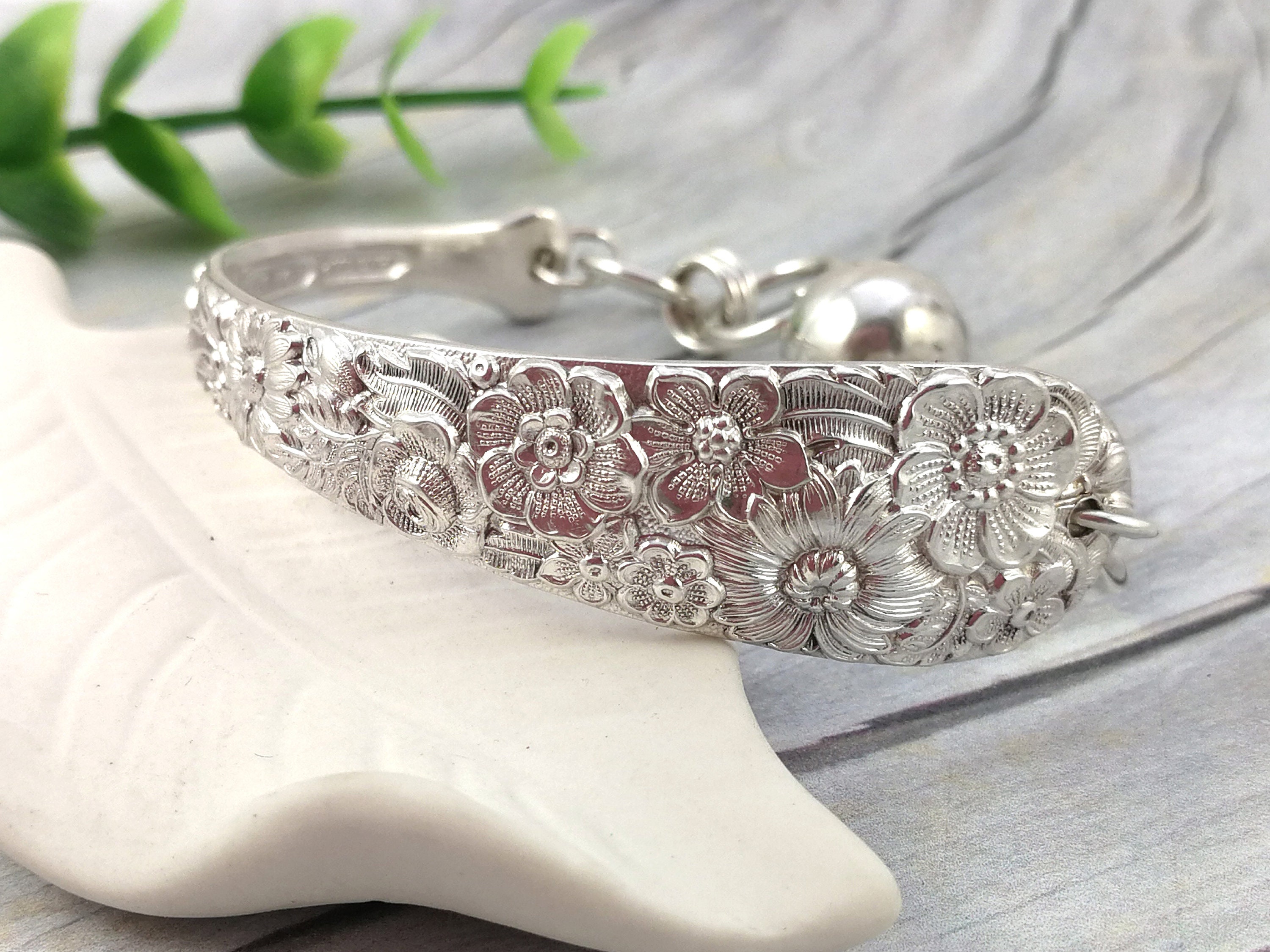 Sterling Silver SPOON BRACELET. Floral Solid Silver Bangle. Etsy