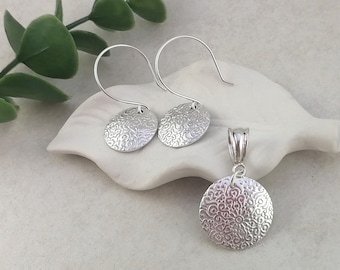 Unique Round Disc Earrings & Pendant Set. Textured Sterling Silver Scroll Design. Upcycled  from a Vintage Spoon. Silverware Jewelry.