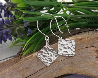 Hammered Sterling Silver Square Hoop Earrings. Casual Everyday Square Drop Earrings. Unique Upcycled Silver Gift For Her.