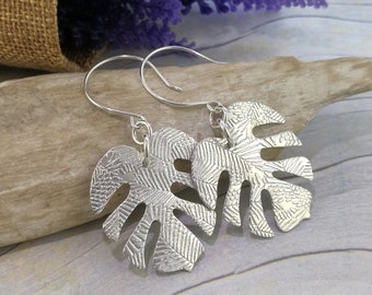 MONSTERA EARRINGS, Sterling Silver. Large Lightweight Textured Leaf Dangle Earrings. Upcycled from a Vintage Coin.