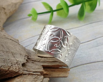 Wide, Open Cuff Nordic Ring. Textured Silver Ring, Viking / Norwegian Design. Upcycled Sterling Silver Ring for Women or Men. Custom size.