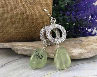 PREHNITE EARRINGS. Unique Hoop Earrings with Green / Black Gemstones. Upcycled Floral Textured Sterling Silver.