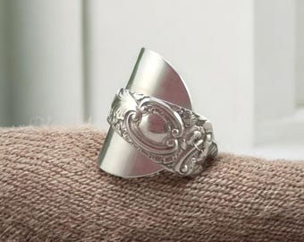 Sterling Silver Spoon Ring, Shield Ring Design. Silverware Jewelry, Upcycled from 1890s Antique Spoon.