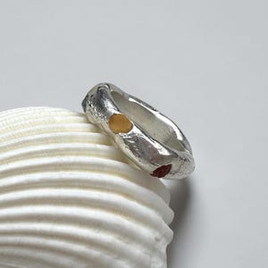 Rustic Sterling Silver Raw Sapphire Ring. Freeform Sand Cast Ring. Red (Ruby), Green, Yellow.