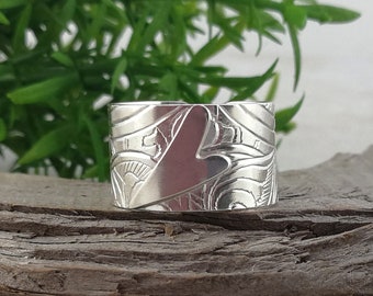 Open Band / Cuff Ring with Heart. Wide Thumb Rings For Women. Upcycled Silverware Jewelry. Custom Size.