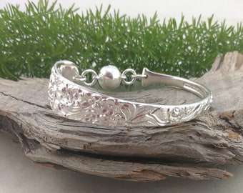 Sterling Floral SPOON BRACELETs for Women. Solid Silver Bangle with Magnetic clasp. Upcycled Vintage Silverware Jewelry. Custom size.