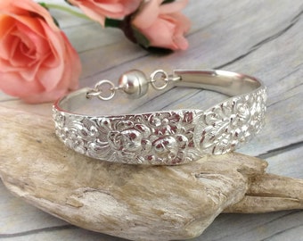 Sterling Floral / Rose SPOON BRACELETs for Women. Solid Silver Bangle with Magnetic clasp. Upcycled Vintage Silverware Jewelry. Custom size.