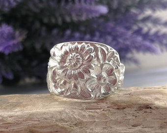 Sterling Silver SPOON RING. Botanical / Nature Inspired Ring. Upcycled Silverware Jewelry. Custom size.