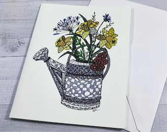 Watering Can Bouquet Stationery Set - Set of 8 Blank Inside Card Set - Watering Can Bouquet Daffodil Agapanthus Notecards