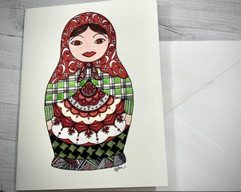 Matryoshka  Stationery Set - Set of 8 Blank Inside Card Set - Christmas Holiday Matryoshka Notecards  Red and Green Doll