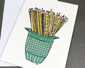 Pencil Bouquet Stationery Set - Set of 8 Blank Inside Card Set - Bouquet of Pencils in a Jadite Sugar Cup Notecards