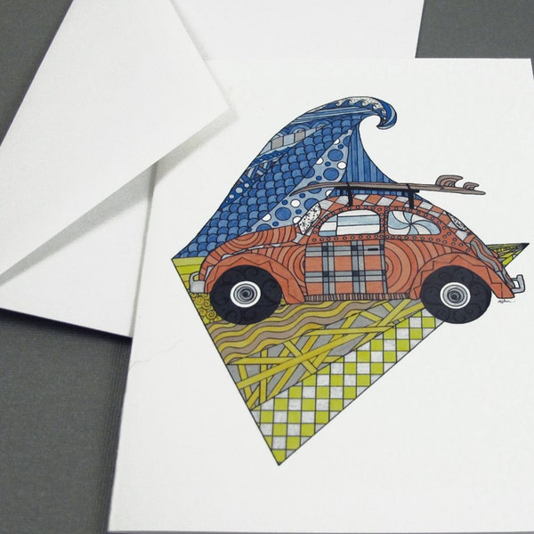 Surf's Up Stationery Set - Set of 8 Blank Inside Card Set - VW Bug Surfboard Wave notecards