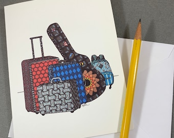 Traveling Stationery Set - Set of 8 Blank Inside Card Set - Suitcases and Guitar Case Travel Notecards