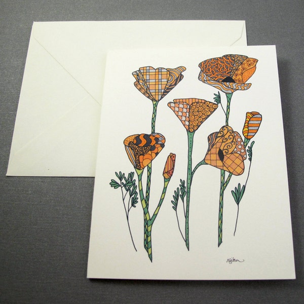 California Poppies Stationery Set - Set of 8 Blank Inside Note Card Set - Orange Flowers