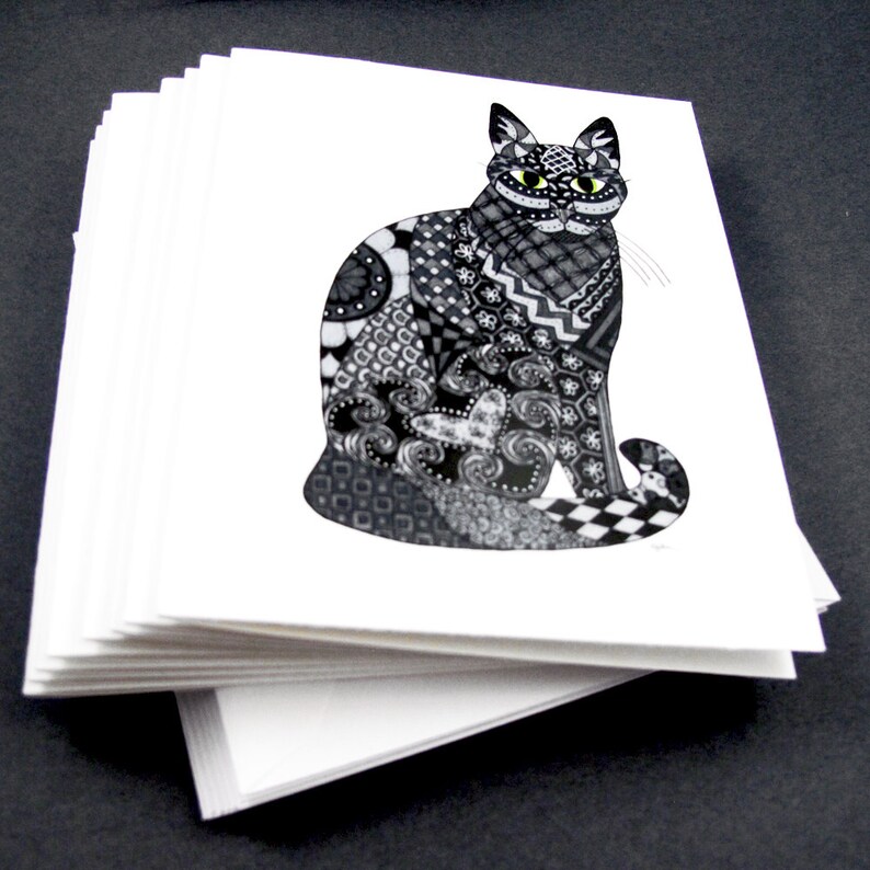 Black Cat Halloween notecards Set of 8 Blank Inside Card Set Black Cat Stationery Set