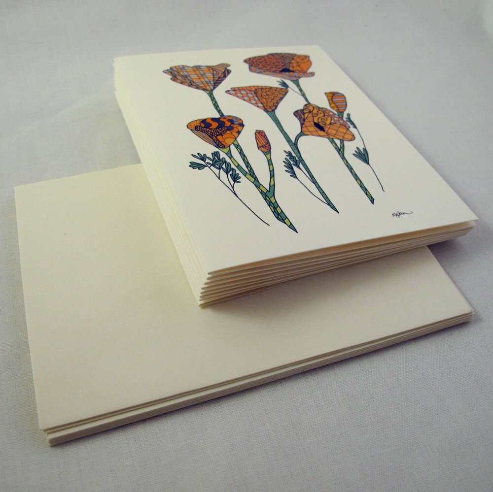 California Poppies Stationery Set - Set of 8 Blank Inside Note Card Set ...