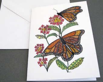 Monarch Butterfly Stationery Set - Set of 8 Blank Inside Note Card Set - Butterflies on Lantana Flowers notecards