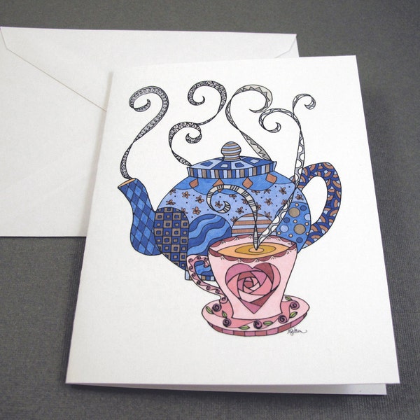 Tea Time Stationery Set - Set of 8 Blank Inside Card Set - Teapot and teacup rose heart notecards