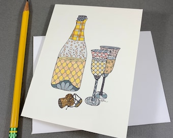 Champagne Stationery Set - Set of 8 Blank Inside Card Set - Champagne Sparkling Wine and Glasses Celebration Notecards