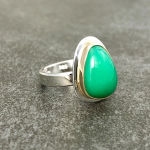 Chrysoprase Statement Ring. 14k gold setting. Sterling silver ring band. Size 7.25 US. Custom gift ideas. Statement jewelry.