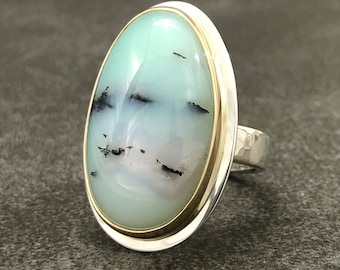 Chrysoprase Statement Ring. 14k gold setting. Textured sterling silver ring band. Size 8 US. Rare Dendritic Chrysoprase. Minty green stone.