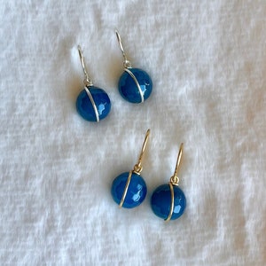 Dark Blue Agate Earrings: 12mm Faceted, Gold or Silver Wire
