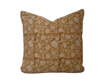 Floral Block Print Pillow Cover, Mustard