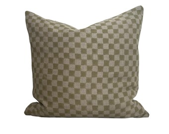 Check Block Print Pillow Cover, Pale Green, Checkered, Modern Farmhouse