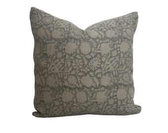 Floral Block Print Pillow Cover, Grey