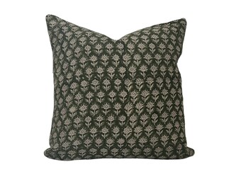 Floral Block Print Pillow Cover, Olive Green Print