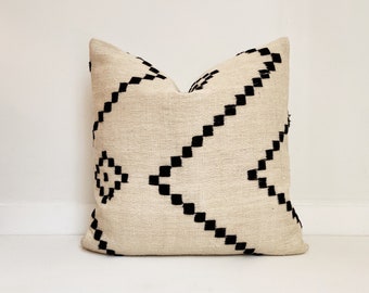 Wool Indian Pillow Cover, Cream and Black, Modern Farmhouse