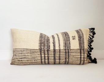 Wool Indian Pillow Cover with Fringe, Cream and Brown, Modern Farmhouse