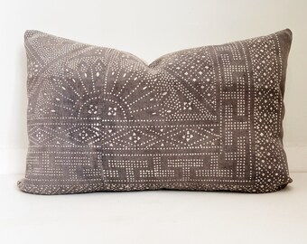 Vintage Batik Pillow Cover, Hmong, Boho Pillow, Gray and White