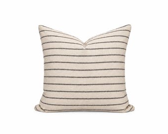 Striped Neutral Pillow, Black and Cream, Boho Pillow, Modern Farmhouse