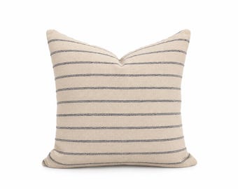 Striped Neutral Pillow, Blue and Cream, Boho Pillow, Modern Farmhouse