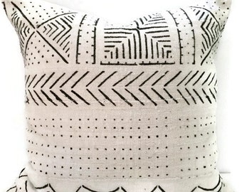 Authentic Mudcloth Pillow Cover, Cream and Black, Lumbar and Square, Tribal Design