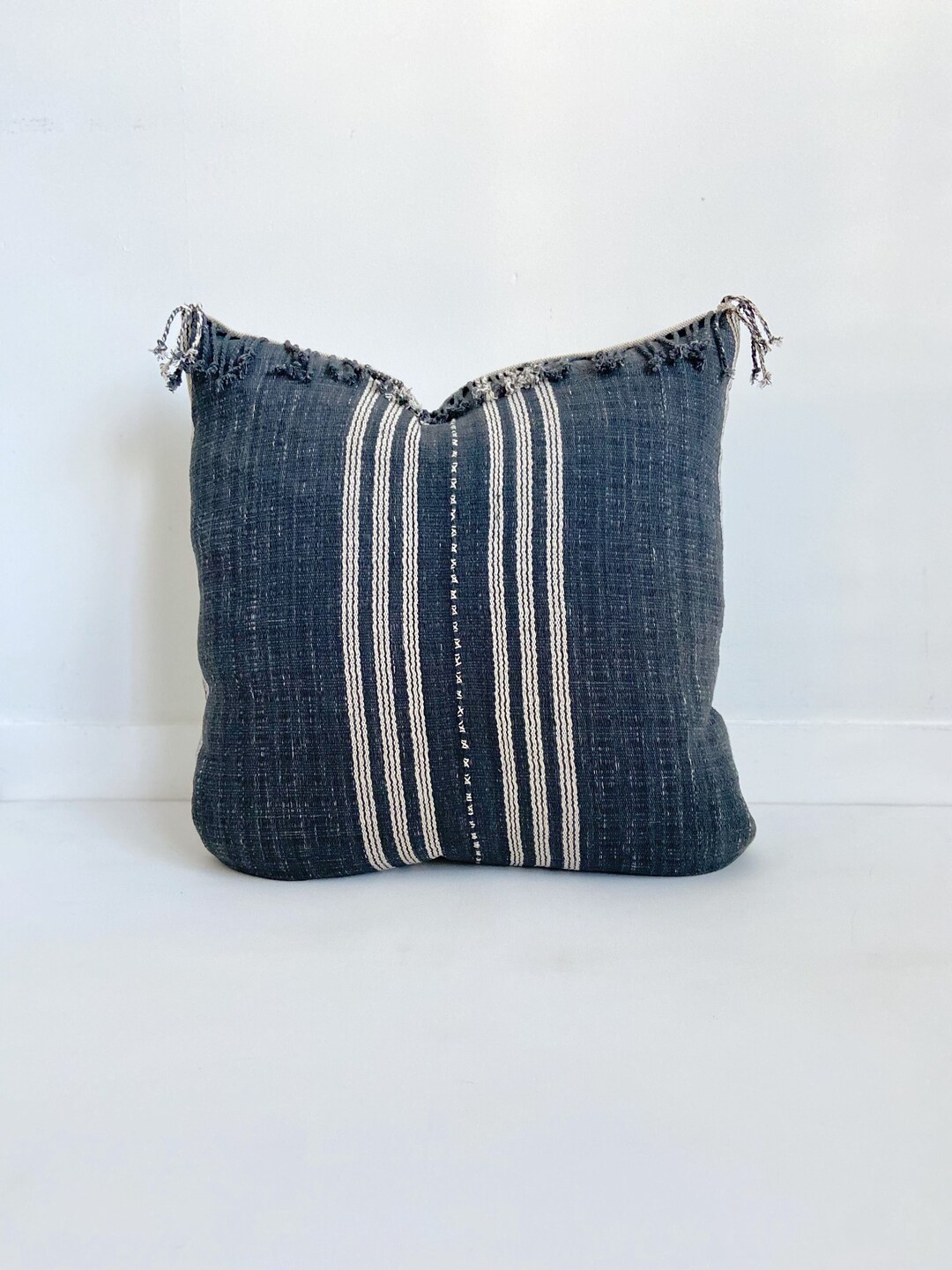 Striped Hmong Pillow Cover With Fringe, Cotton, Modern Farmhouse, Boho