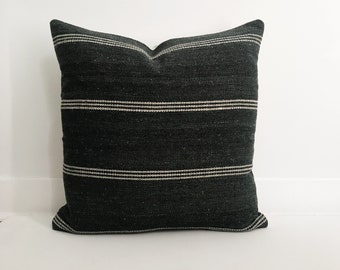 Wool Indian Pillow Cover, Dark Grey, Striped
