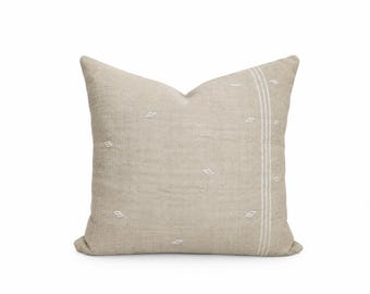 Ivory Wool Pillow Cover, Delicate Embroidery, Handloomed, Neutral
