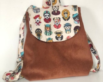 Sac à dos "chiens et chats" velours côtelé école maternelle enfant SUR COMMANDE personnalisable en coton prénom brodé rentrée des classes