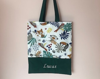 Tote bag sac de bibliothèque "animaux de la jungle" personnalisable SUR COMMANDE maternelle ou activités extra scolaire prénom brodé école