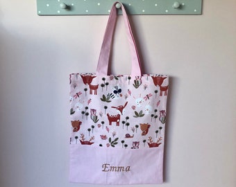 Tote bag sac de bibliothèque "animaux de la foret" personnalisable SUR COMMANDE maternelle ou activités extra scolaire prénom brodé école