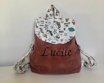 Sac à dos "licorne magique" velours côtelé école maternelle enfant SUR COMMANDE personnalisable en coton prénom brodé rentrée des classes