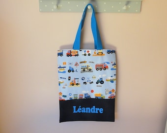 Tote bag sac de bibliothèque "véhicules" personnalisable SUR COMMANDE maternelle ou activités extra scolaire prénom brodé école