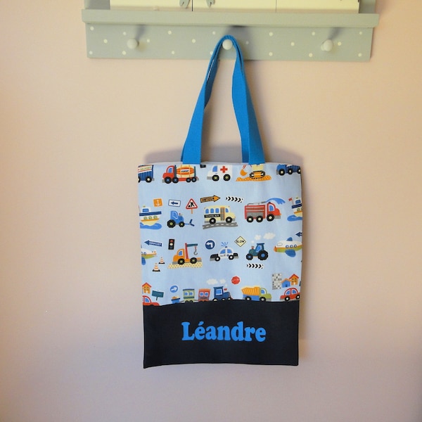 Tote bag sac de bibliothèque "véhicules" personnalisable SUR COMMANDE maternelle ou activités extra scolaire prénom brodé école